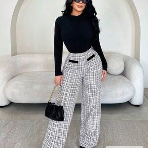 SHEIN Black and White Grid Wide Leg Pants